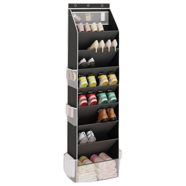 Black 8-Tier Over-the-Door Shoe Organizer with 7 Slanted & 1 Flat & 6 Side Pockets