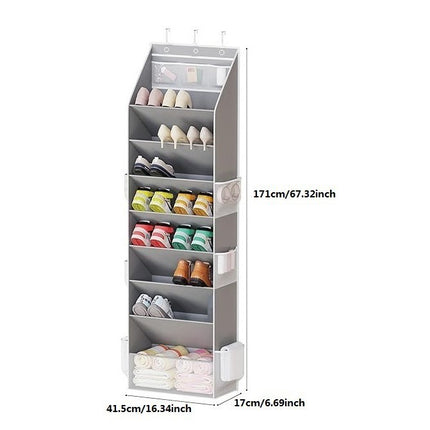 Black 8-Tier Over-the-Door Shoe Organizer with 7 Slanted & 1 Flat & 6 Side Pockets - Multi-Functional Wall Mount  for Shoes, Bags and Towels