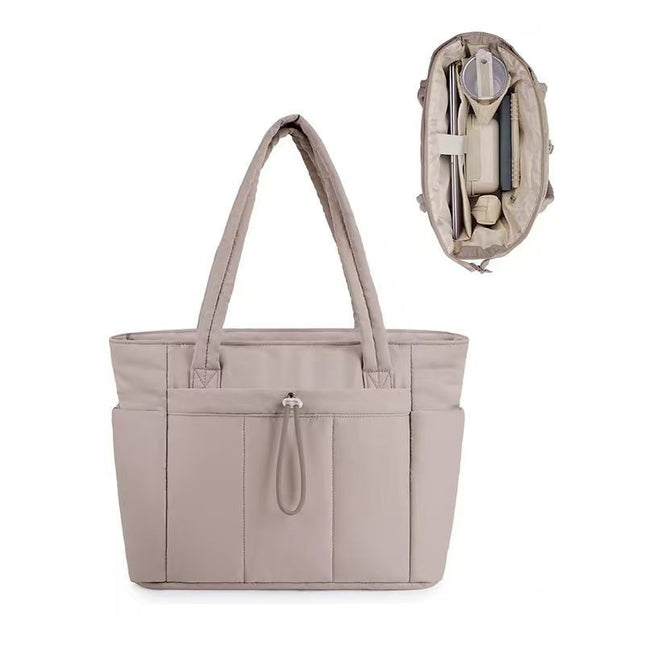 Khaki Quilted Puffer Nylon Tote/Laptop Bag for Women with Internal Cup Holder and Front & Side Pockets