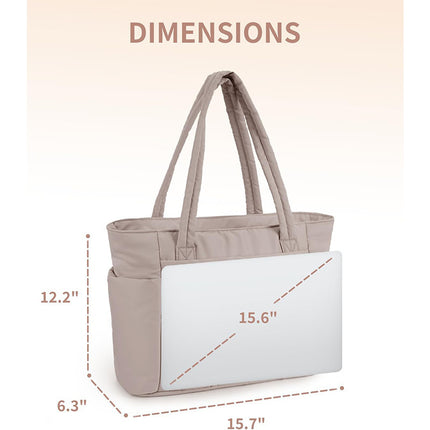 Khaki Quilted Puffer Nylon Tote/Laptop Bag for Women with Internal Cup Holder and Front & Side Pockets - Multi-Pocket Travel Handbag 15.7 x 12.2 x6.3"