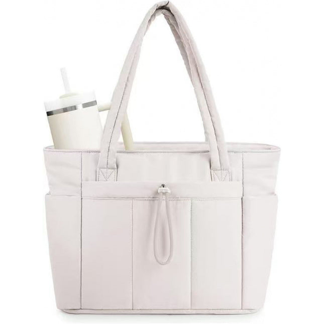 White Quilted Puffer Nylon Tote/Laptop Bag for Women with Internal Cup Holder and Front & Side Pockets