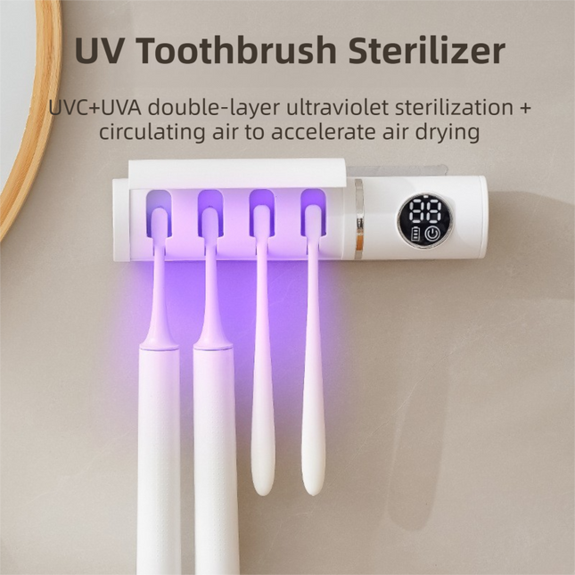 White 4-Slot Compact UV Toothbrush Sanitizer with Turbo Drying Fan & LCD Display