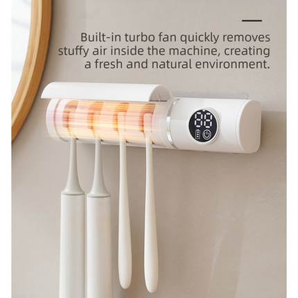 White 4-Slot Compact UV Toothbrush Sanitizer with Turbo Drying Fan & LCD Display - Anti-Dust Toothbrush Holder, 10-Minute One-Touch Deep Clean