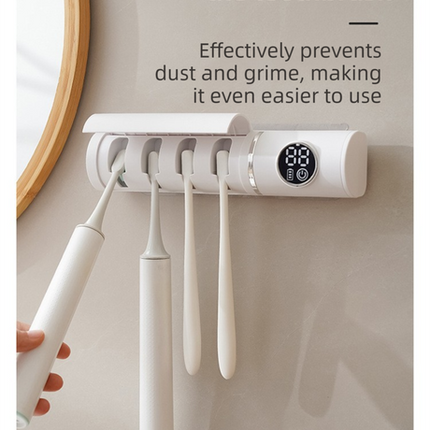 White 4-Slot Compact UV Toothbrush Sanitizer with Turbo Drying Fan & LCD Display - Anti-Dust Toothbrush Holder, 10-Minute One-Touch Deep Clean