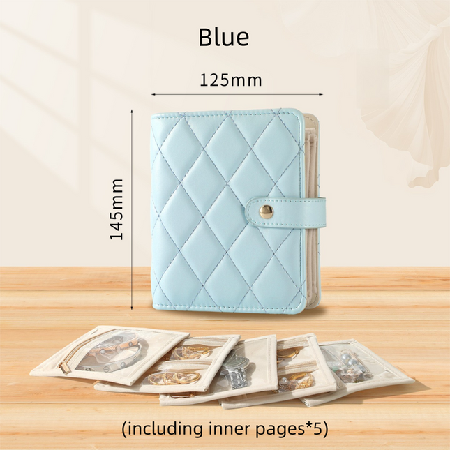 Blue Nappa Leather Anti-Oxidation Jewelry Storage Book with 5 Velvet Pouches
