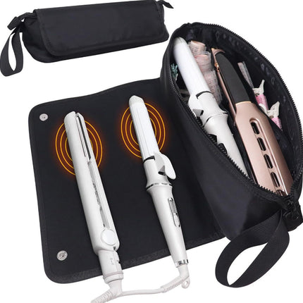 Black Premium Insulated Roll-Up Travel Case for Hair Styling Tools & Blow Dryers with Muti-Pockets (18x5.5x5 Inch)