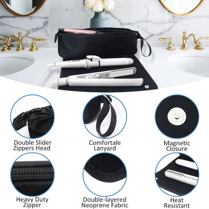 Black Premium Insulated Roll-Up Travel Case for Hair Styling Tools & Blow Dryers with Muti-Pockets (18x5.5x5 Inch)