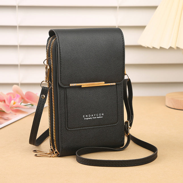 Black Touch Screen Crossbody Phone Bag for Women Small Shoulder Purse with Dual Zippers and Card Slots