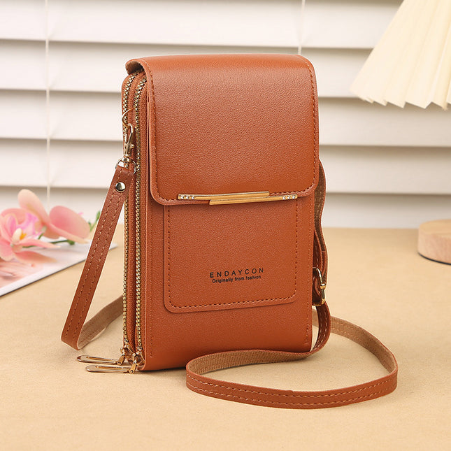 Brown Touch Screen Crossbody Phone Bag for Women Small Shoulder Purse with Dual Zippers and Card Slots