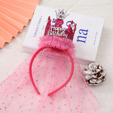 Rose red 2-Pack Tulle Crown Headbands with "Happy Birthday" Sparkle Design for Kids – Princess Party Hair Accessories