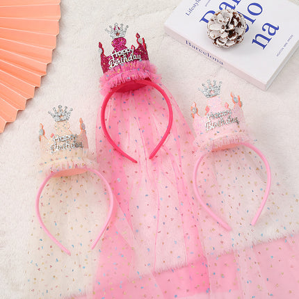 Rose red 2-Pack Tulle Crown Headbands with "Happy Birthday" Sparkle Design for Kids – Princess Party Hair Accessories