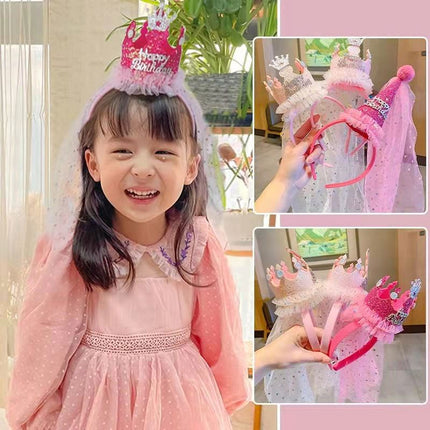 Pink 2-Pack Tulle Crown Headbands with "Happy Birthday" Sparkle Design for Kids – Princess Party Hair Accessories