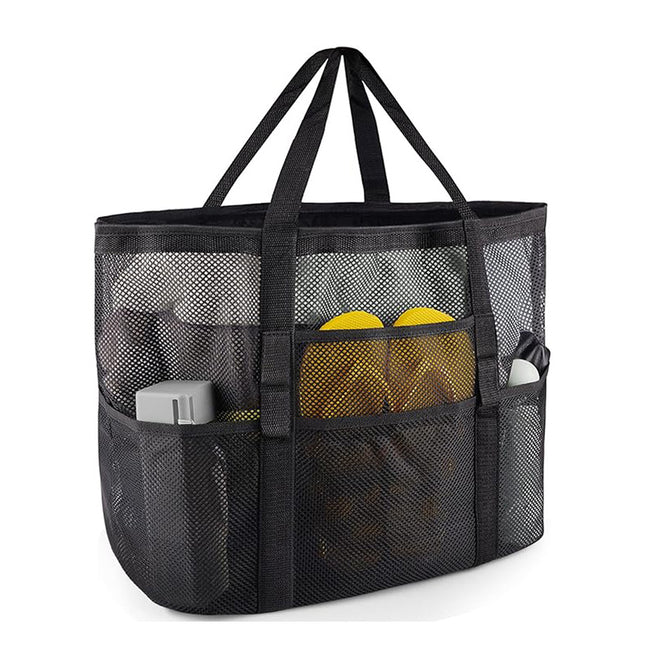 2-PCS Black Mesh Beach Tote Bag Large Capacity Swim Gear Organizer with Multiple Pockets for Shoes