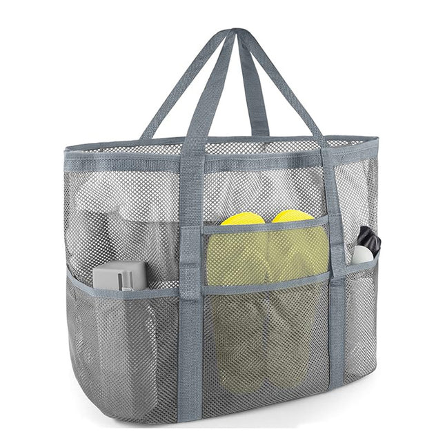 2-PCS Grey Mesh Beach Tote Bag Large Capacity Swim Gear Organizer with Multiple Pockets for Shoes Swimsuits