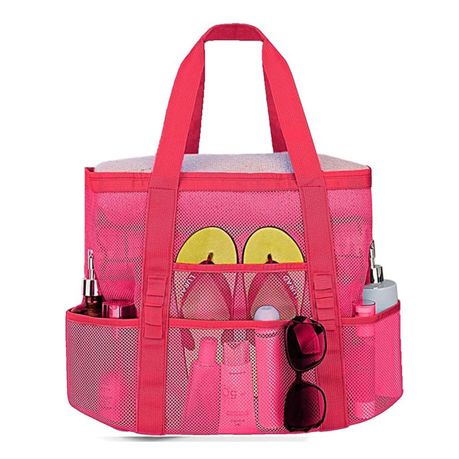 2-PCS Rose red Mesh Beach Tote Bag Large Capacity Swim Gear Organizer with Multiple Pockets for Shoes