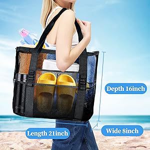 2-PCS White Mesh Beach Tote Bag Large Capacity Swim Gear Organizer with Multiple Pockets for Shoes – product detail