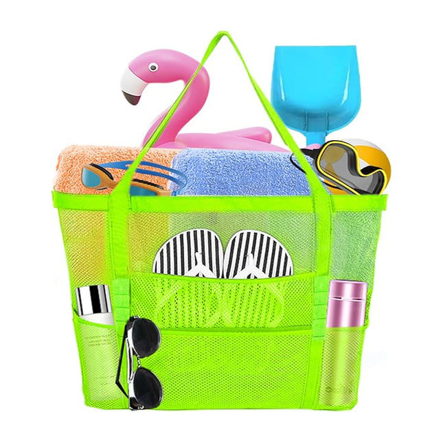 2-PCS Green Mesh Beach Tote Bag Large Capacity Swim Gear Organizer with Multiple Pockets for Shoes