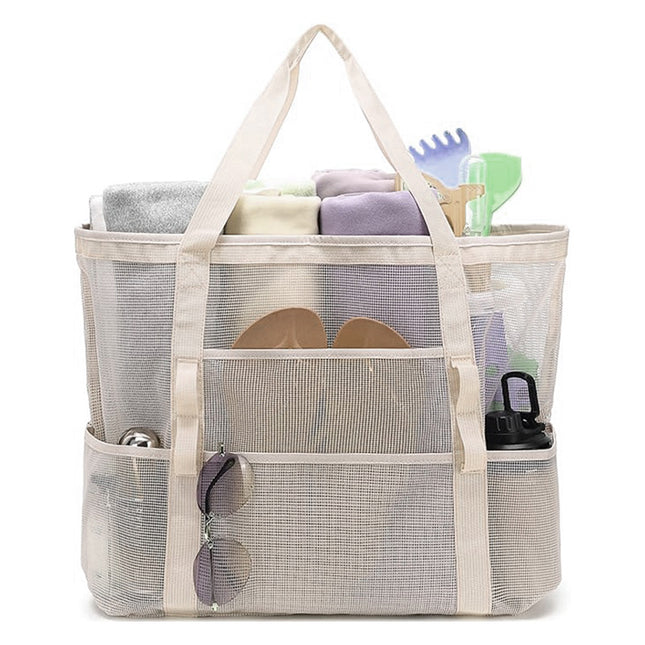 2-PCS Beige Mesh Beach Tote Bag Large Capacity Swim Gear Organizer with Multiple Pockets for Shoes