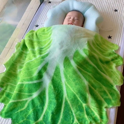 Cute Cabbage-Shaped Fleece Blanket – Fun and Cozy Throw for Naps, Office Use, Air Conditioning, or Baby Swaddling (Green & White)(85cm*85cm)