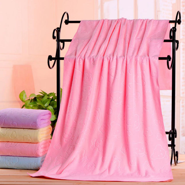 2-Pack Pink Embossed Microfiber Bear Bath Towels 70 x 140 cm Ultra-Absorbent and Soft for Bath Beach & Gym