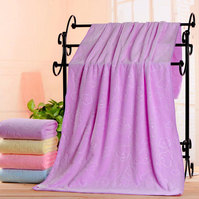 2-Pack Purple Embossed Microfiber Bear Bath Towels 70 x 140 cm Ultra-Absorbent and Soft for Bath Beach & Gym