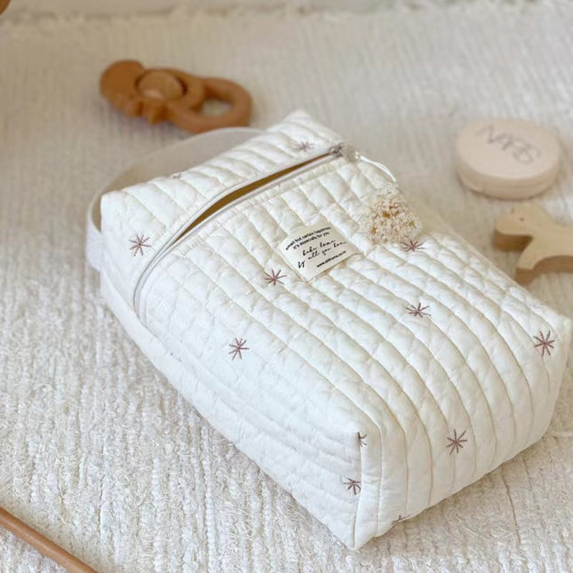 Stars Quilted Nappy Storage Bag Portable Diaper Organizer Mommy Travel Pouch with Zipper 28x18x6cm for