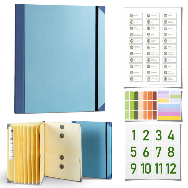 Blue Important Document Organizer Folder with 10 Manila Envelopes and Acid-Free Paper for Home Office