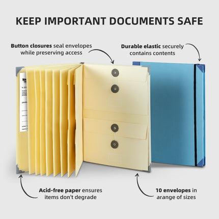 Blue Important Document Organizer Folder with 10 Manila Envelopes and Acid-Free Paper for Home Office Estate Planning and Aussie Travel