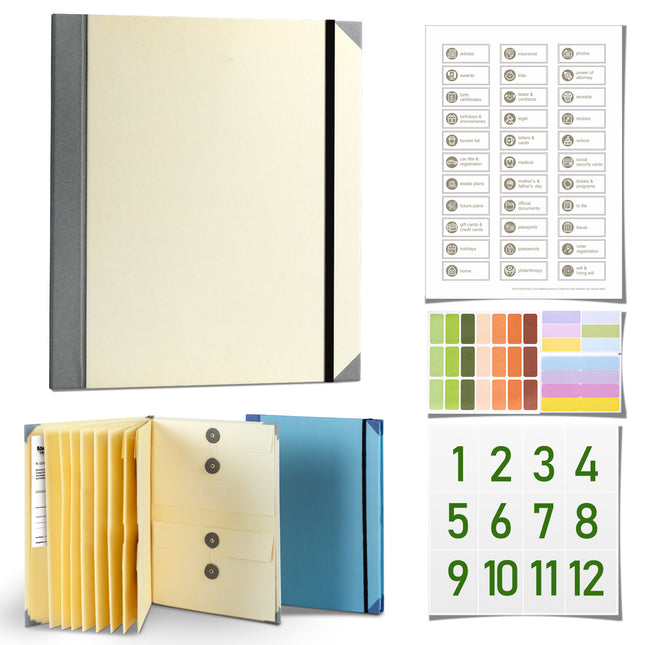 Khaki Important Document Organizer Folder with 10 Manila Envelopes and Acid-Free Paper for Home Office