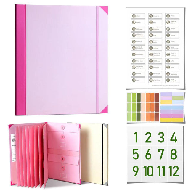 Pink Important Document Organizer Folder with 10 Manila Envelopes and Acid-Free Paper for Home Office