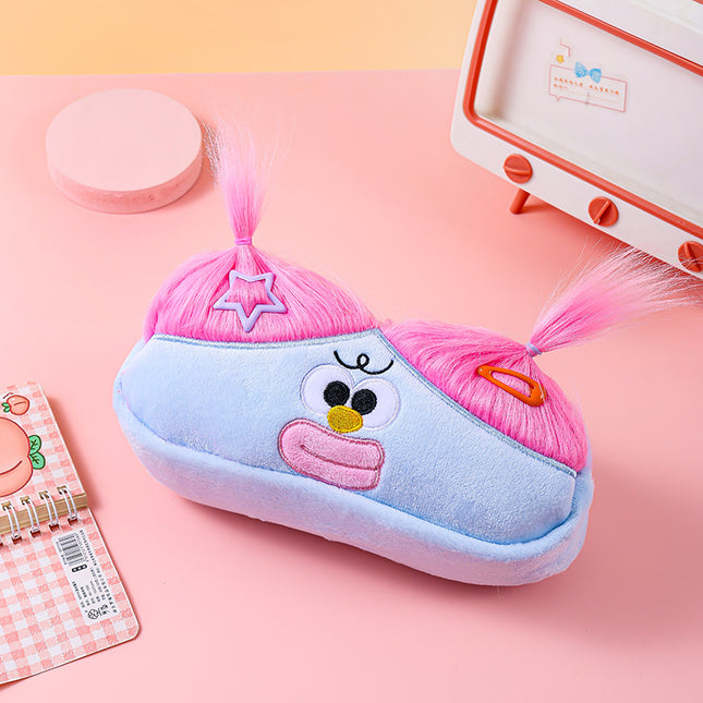 Blue Funny Plush Big Eye Monster Pencil Case with DIY Messy Hair Large Capacity Stationery Pouch for