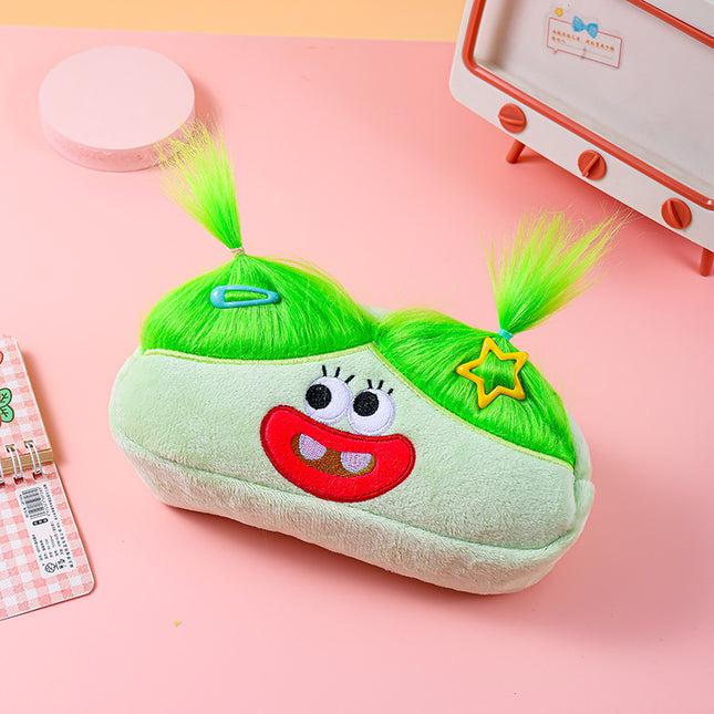 Green Funny Plush Big Eye Monster Pencil Case with DIY Messy Hair Large Capacity Stationery Pouch for