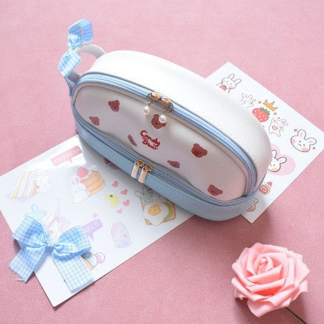 Blue Large Capacity Double Layer Pencil Case Waterproof PU Leather Stationery Organizer for