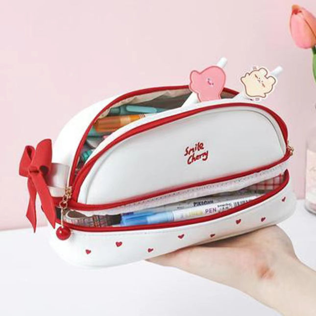 Blue Large Capacity Double Layer Pencil Case Waterproof PU Leather Stationery Organizer for – product detail