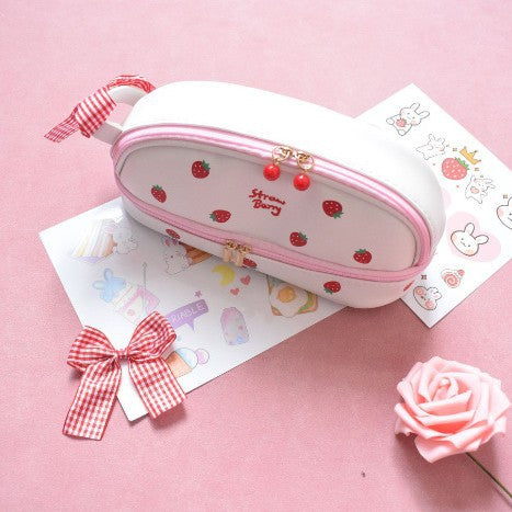 Pink Large Capacity Double Layer Pencil Case Waterproof PU Leather Stationery Organizer for