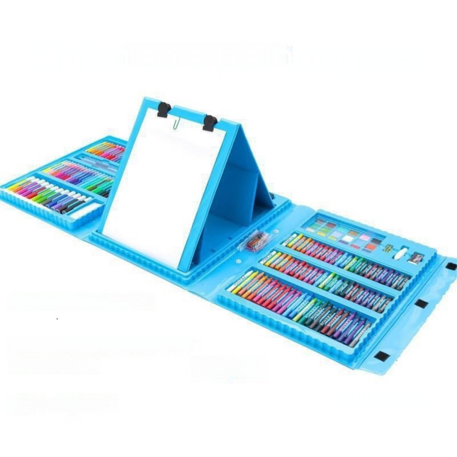 Blue 208-Piece Kids Art Set with Built-in Trifold Easel Drawing and Painting Kit for Students