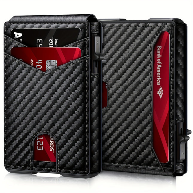 Carbon Fiber Slim Bifold Wallet for Men with RFID Blocking Pop-up Card Ejector and Magnetic Closure