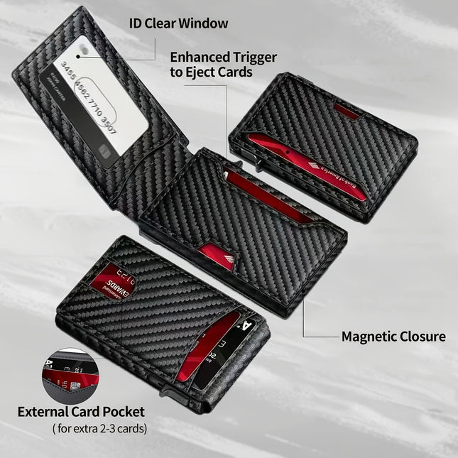 Carbon Fiber Slim Bifold Wallet for Men with RFID Blocking Pop-up Card Ejector and Magnetic Closure – product detail