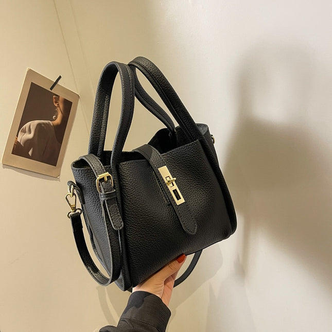 Black Retro 2-Piece Women's Bucket Bag Set with Removable Inner Pouch PU Leather Crossbody Handbag and