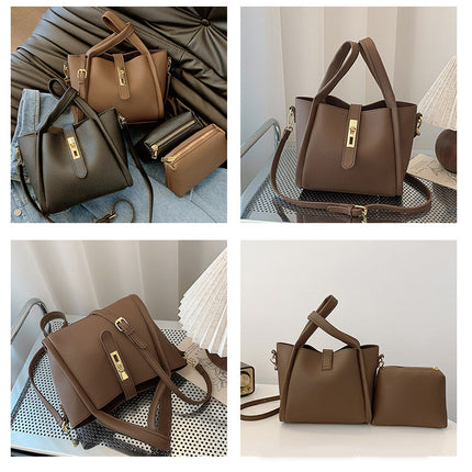 Coffee color Retro 2-Piece Women's Bucket Bag Set with Removable Inner Pouch PU Leather Crossbody Handbag and Fashionable Tote for Australian Everyday Use