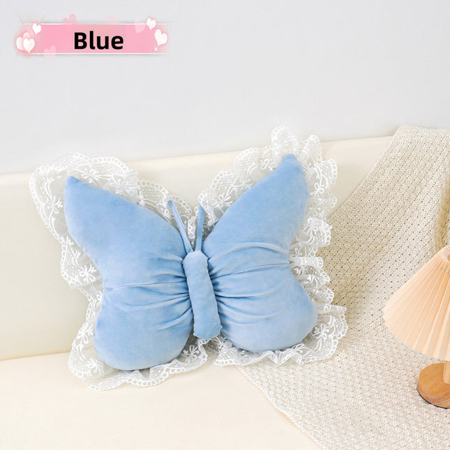 Blue Elegant Butterfly Lace Throw Pillow 60x45cm Soft Decorative Cushion for Sofa Bedroom Office and Car