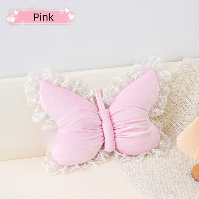 Pink Elegant Butterfly Lace Throw Pillow 60x45cm Soft Decorative Cushion for Sofa Bedroom Office and Car