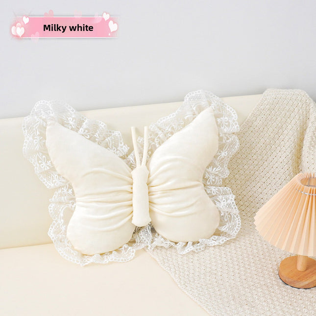 White Elegant Butterfly Lace Throw Pillow 60x45cm Soft Decorative Cushion for Sofa Bedroom Office and Car