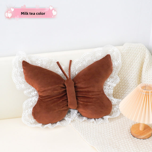 Brown Elegant Butterfly Lace Throw Pillow 60x45cm Soft Decorative Cushion for Sofa Bedroom Office and Car