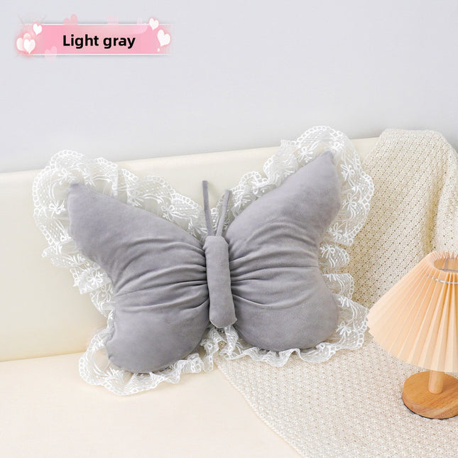 Grey Elegant Butterfly Lace Throw Pillow 60x45cm Soft Decorative Cushion for Sofa Bedroom Office and Car