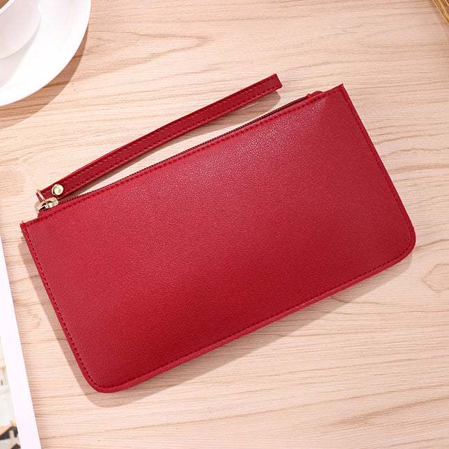 Red Women's Soft PU Leather Double-Layer Zip Wallet with Wrist Strap Spacious Card Cash and Phone Holder