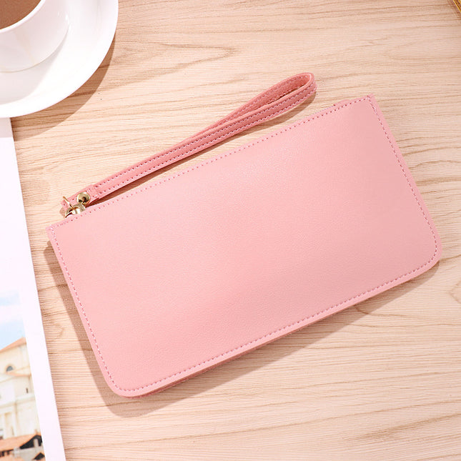 Pink Women's Soft PU Leather Double-Layer Zip Wallet with Wrist Strap Spacious Card Cash and Phone Holder