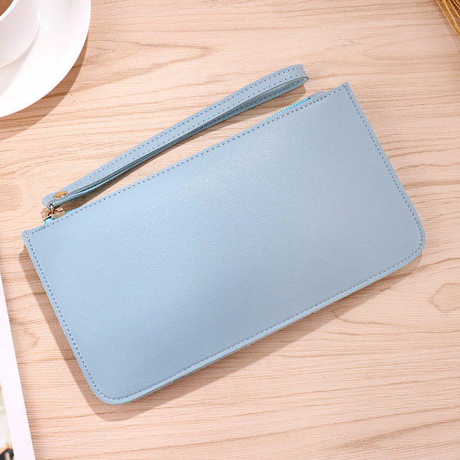Light blue Women's Soft PU Leather Double-Layer Zip Wallet with Wrist Strap Spacious Card Cash