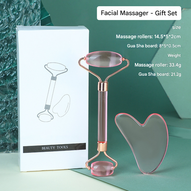 Transparent pink Dual-Head Resin Facial Roller and Heart-Shaped Gua Sha Set for Home SPA Skincare and Face