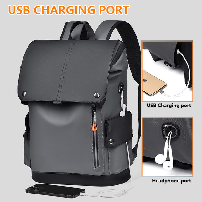 Black Men Large Capacity Business Laptop Backpack Waterproof PU Leather Travel Rucksack with USB Port for – product detail